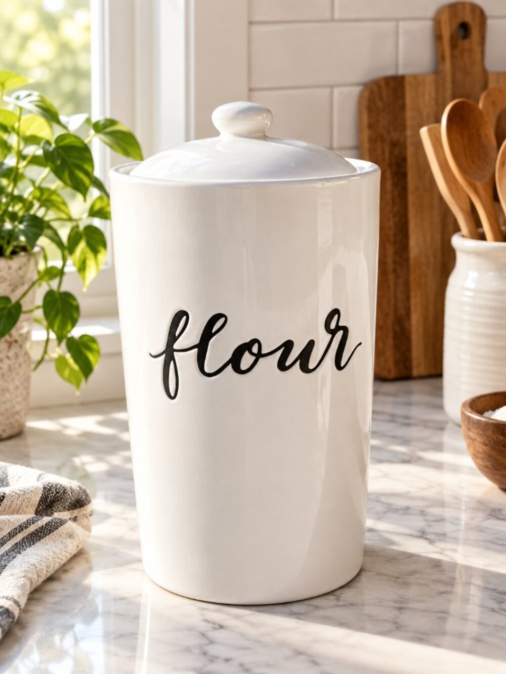 Ceramic Threshold Flour Food Storage Canister Modern Farmhouse Stoneware White G